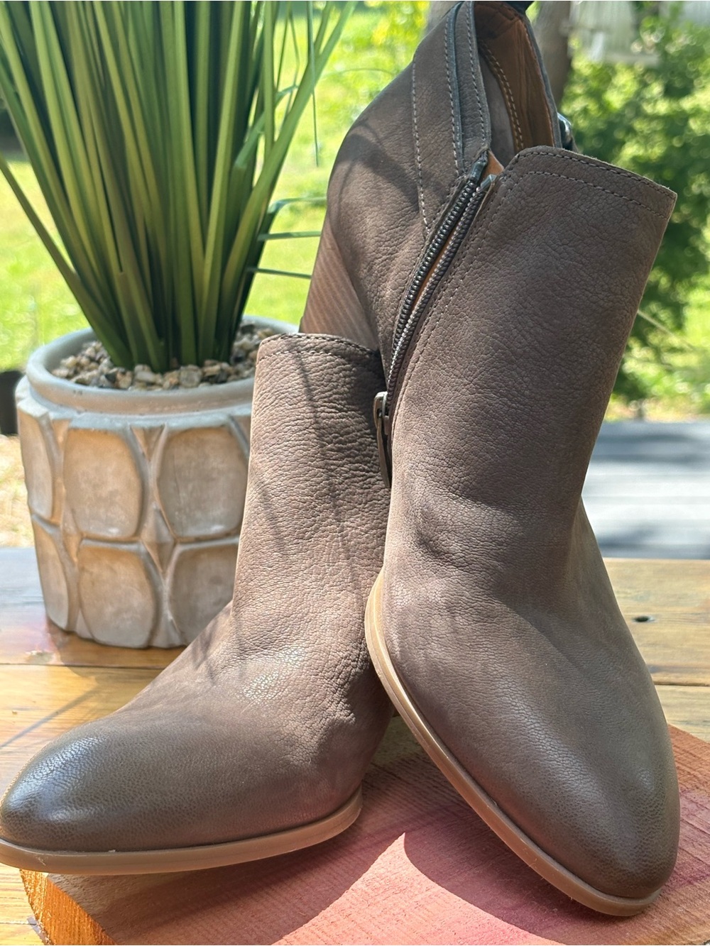 Franco Sarto Taupe Leather Pointed Ankle Booties with Side Zip
